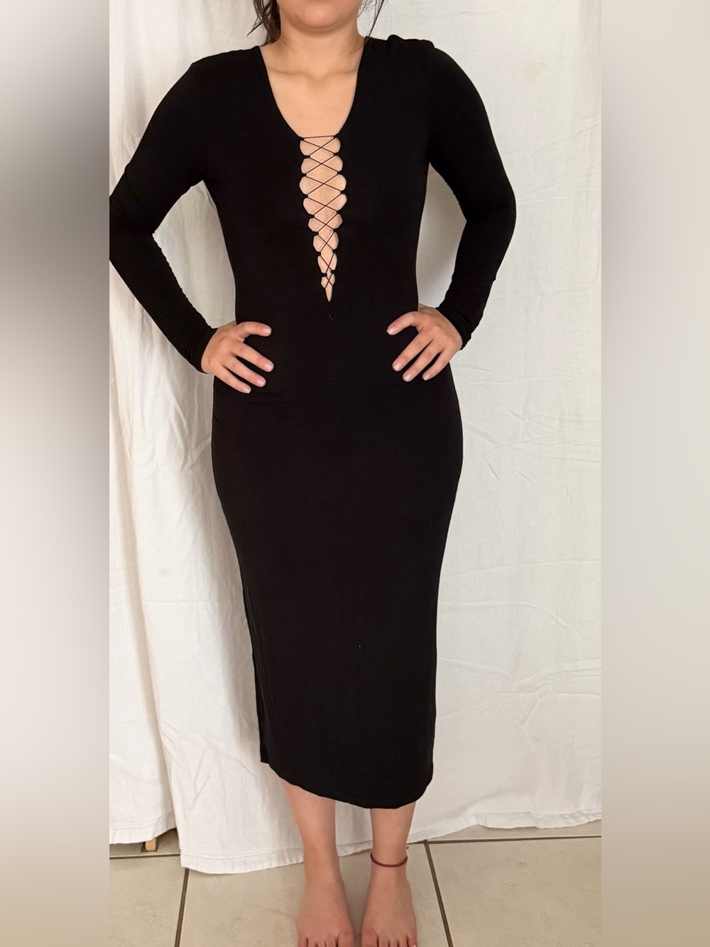 Alexander Wang Black Long-Sleeve Lace-Up Bodycon Midi Dress